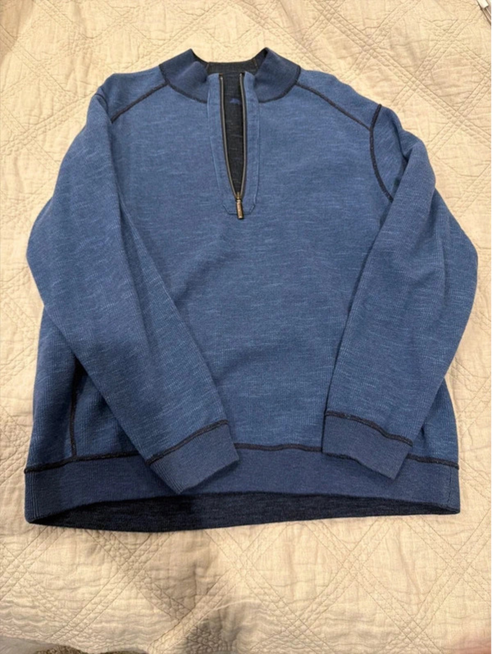Tommy Bahama Quarter Zip Pullover Sweater Charcoal Gray Blue Mock Reversible